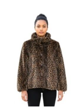 VEX Leopard Faux Fur Teddy Jacket Brown and Black Sz 36 High Neck Button Up